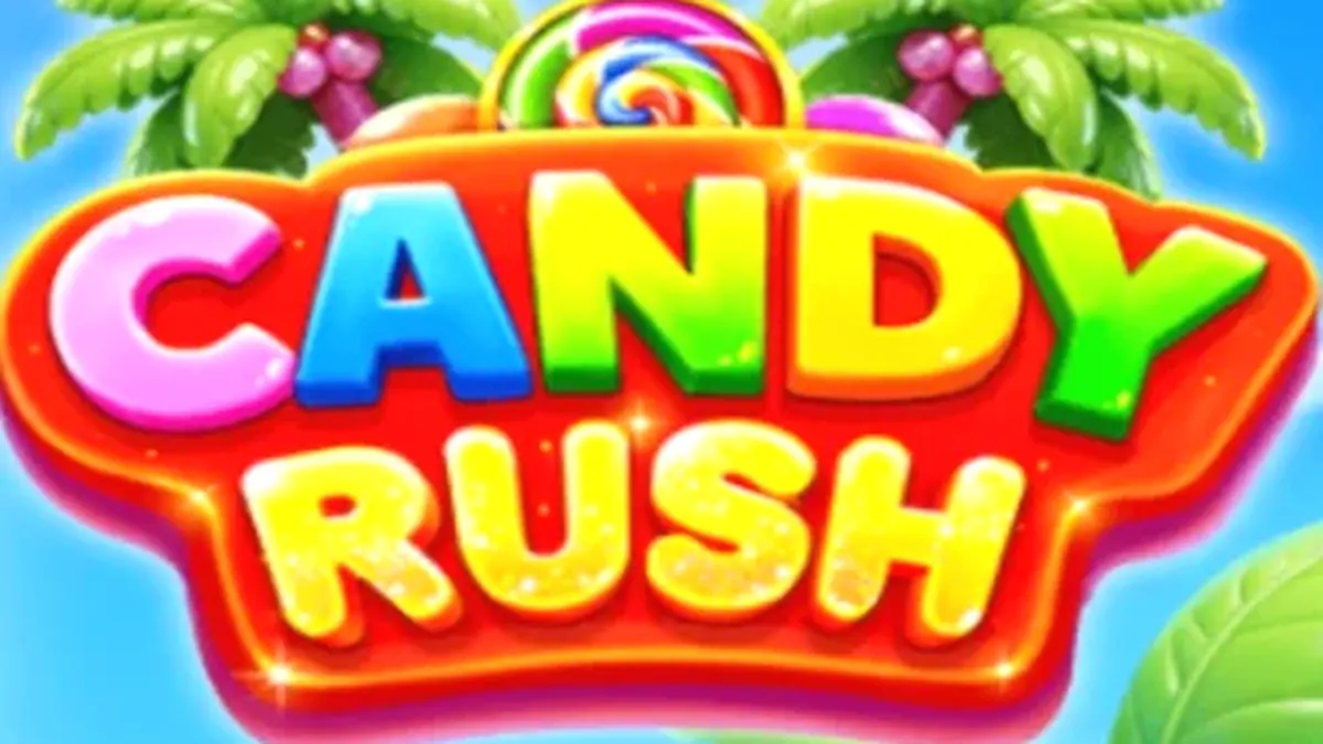 Candy Rush slot game grid na puno ng makukulay na kendi sa isang tropikal na background